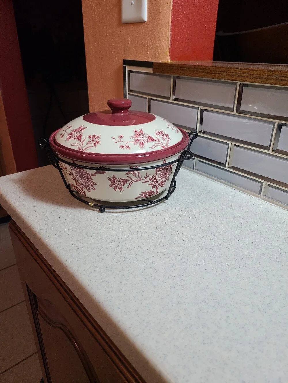 Temp-Tations Cream and Burgundy Floral Covered Serving Dish